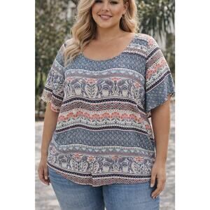 Torrid Plus Size Abbey Georgette Button‎ Back Flowy Blouse Elephant Print Size 3